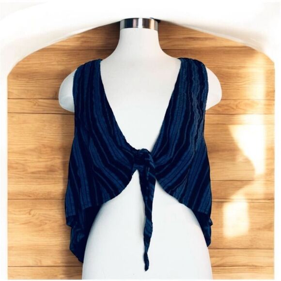Free People Stripe Blue Black Linen Top Front Tie Vest XS Boho - Picture 1 of 7